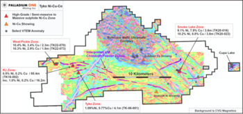 Palladium One Discovers New Mineralized Chonolith North of RJ Zone and Reports Drill Results for the Smoke Lake Zone, Tyko Nickel – Copper Project, Canada : https://www.irw-press.at/prcom/images/messages/2023/69396/2023-02-23-TykoRJSmokev4_Prcom.001.png