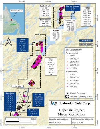 Labrador Gold meldet neue Entdeckung mit Analyseergebnissen von 106 g/t Au und 20,4 g/t Ag in der Zone Fire Ant auf dem Projekt Hopedale: https://www.irw-press.at/prcom/images/messages/2024/73545/07_02_24HopedaleResults_DE_PRcom.001.jpeg
