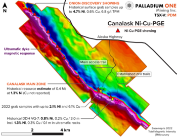 Palladium One Receives Class 1 Exploration Permit and Begins Field Exploration Program on Canalask Nickel Project, Yukon, Canada : https://www.irw-press.at/prcom/images/messages/2023/71274/PalladiumOne_100723_PRCOM.001.png
