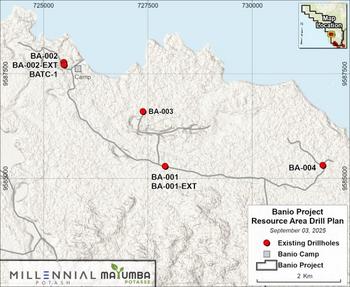 Millennial Potash Intersects 220m of Potash Mineralization in Drillhole BA-001-EXT at its Banio Potash Project in Gabon : https://www.irw-press.at/prcom/images/messages/2025/81042/160925_EN_MLP.001.jpeg