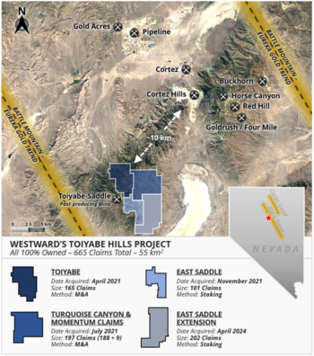 Westward Gold erweitert sein Vorzeigeprojekt Toiyabe Hills um 43 % und stärkt damit seine regional bedeutende neue Explorationskonzession in Nevada: https://www.irw-press.at/prcom/images/messages/2024/75804/Westward_040624_de_PRcom.001.png