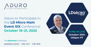 Aduro Clean Technologies nimmt an der LD Micro Main Event XIX Conference teil: https://ml.globenewswire.com/Resource/Download/29418367-4650-4e3f-a6db-a270a6e611fe/image1.png
