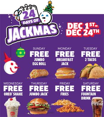 Jack in the Box Gives Fans the Gift of FREE Food With 24 Days of Jackmas: https://mms.businesswire.com/media/20231129435672/en/1955029/5/JP_Welcome_Jackmas_Upcoming%402x.jpg