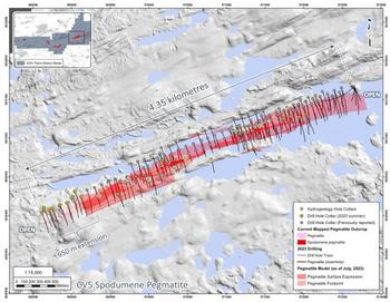 Patriot erweitert Streichenlänge bei Spodumenpegmatit CV5 in Konzessionsgebiet Corvette in kanadischer Provinz Quebec auf 4,35 km: https://www.irw-press.at/prcom/images/messages/2023/72064/Patriot_250923_DEPRCOM.001.jpeg
