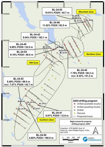 First Phosphate Intersects 92.5 M of 11.82% Igneous Phosphate Starting at Surface at Its Begin-Lamarche Project in Saguenay-Lac-St-Jean, Quebec, Canada: https://www.irw-press.at/prcom/images/messages/2024/74321/FirstPhosphate_April2324_ENPRcom.001.jpeg