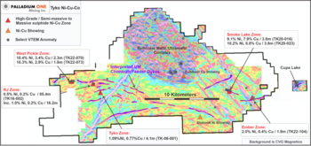 Palladium One Discovers New High-Grade Nickel - Copper Zone 3.5 kms from the Smoke Lake Zone, Tyko Nickel - Copper Project, Canada : https://www.irw-press.at/prcom/images/messages/2023/69819/2023-03-27Tyko_EN_Prcom.001.png