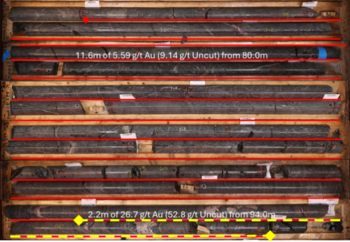 Grade Control Drilling in der Moss Main Zone definiert Korridore mit höherem Gehalt mit Durchschneidungen über 78,4 m mit 1,44 g/t Au ab nur 15,6 m Tiefe: https://www.irw-press.at/prcom/images/messages/2025/81808/131125_DE_GoldX.003.png