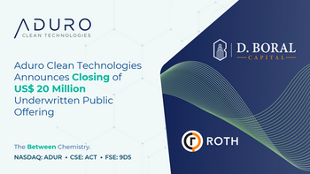 Aduro Clean Technologies schließt öffentliches Emissionsangebot über 20 Millionen US-Dollar ab: https://ml.globenewswire.com/Resource/Download/6623ca00-7295-42c0-ac7f-4e787a507267/image1.png