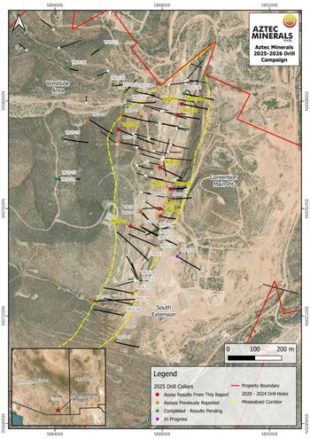 Aztec bringt 2025 40 RC-Bohrlöcher auf dem Projekt Tombstone in Arizona nieder und erweitert die oberflächennahe Silber-Gold-Mineralisierung weiter: https://www.irw-press.at/prcom/images/messages/2026/82386/Aztec_070126_DEPRcom.002.jpeg