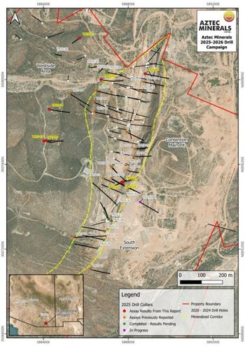 Aztec Drills 48.6m of 133.1 gpt AgEq from surface at Tombstone Project, Arizona and Expands Drill Program by 3,500m: https://www.irw-press.at/prcom/images/messages/2026/82518/Aztec_150126_PRCOM.002.jpeg