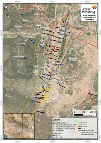 Aztec Step-Out Drilling Extends Oxide Au/Ag Zone on Strike to +1km at Tombstone Project, Arizona: https://www.irw-press.at/prcom/images/messages/2026/82715/Aztec_270126_PRCOM.002.jpeg