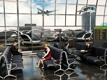 Joby Aviation Has Shown That Its Air Taxis Can Fly, but Are They Scalable?: https://g.foolcdn.com/editorial/images/864078/people-in-an-airport-with-vertical-take-off-and-landing-aircraft-outside.jpg